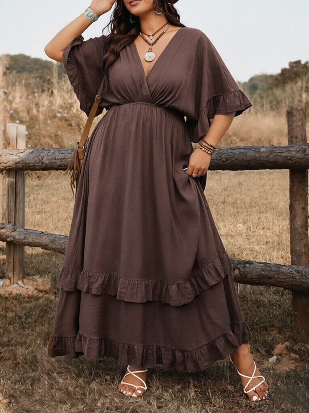 Coffee Brown Casual Women's V-Neck Ruffle Tiered Long Dress